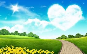 blue sky, green fields, heart shaped cloud with a path to a brighter future.