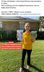 Making Good Choices booklet held up by young girl in Texas teaching the basic moral values in the book.