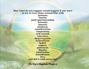 picture of way to happiness logo with a lot of words of virtues on it 